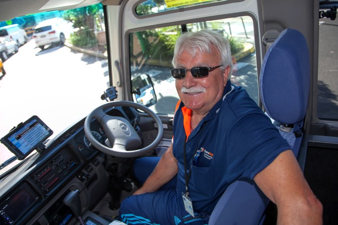 Easylink drive, Tony, in bus driver's seat.